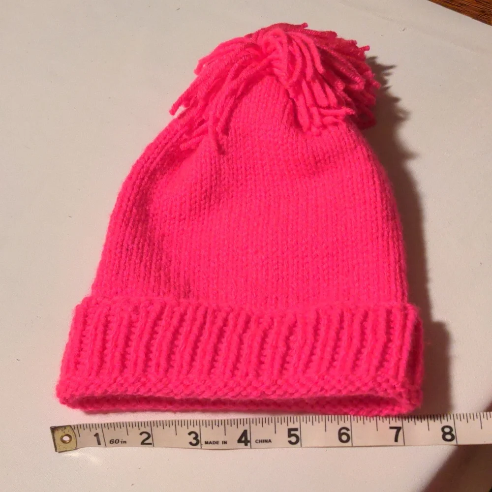Hand Knit Neon Pink Beanie Hat With Floppy Pom-pom OSFM